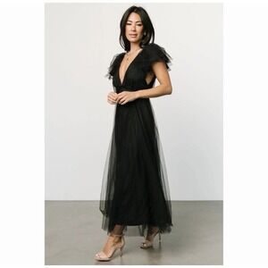 Baltic Born Size M Black Anabella Tulle Dress Maxi Ruffle Sleeve NWT
